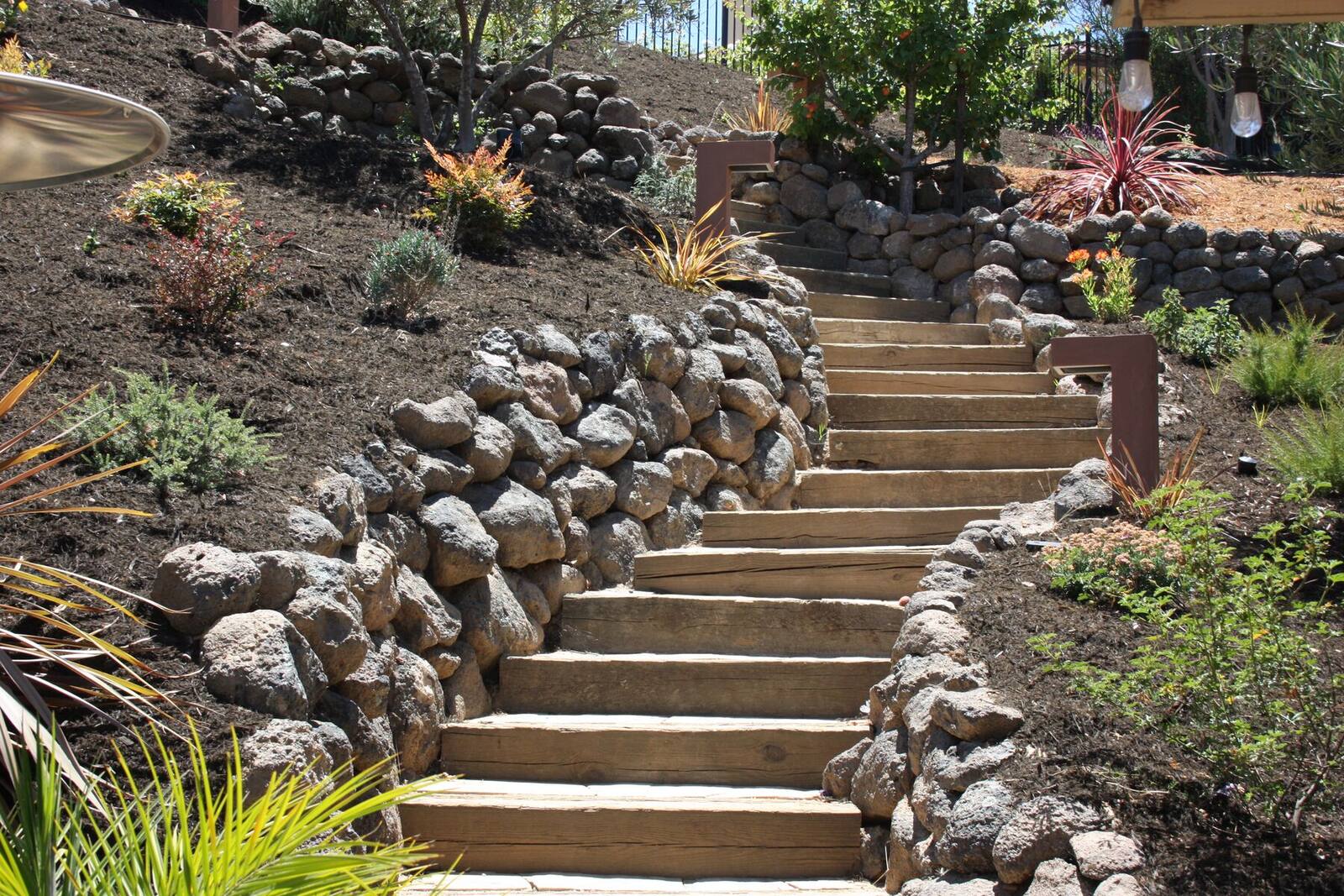 A stone stair climbing through the planted hillside.