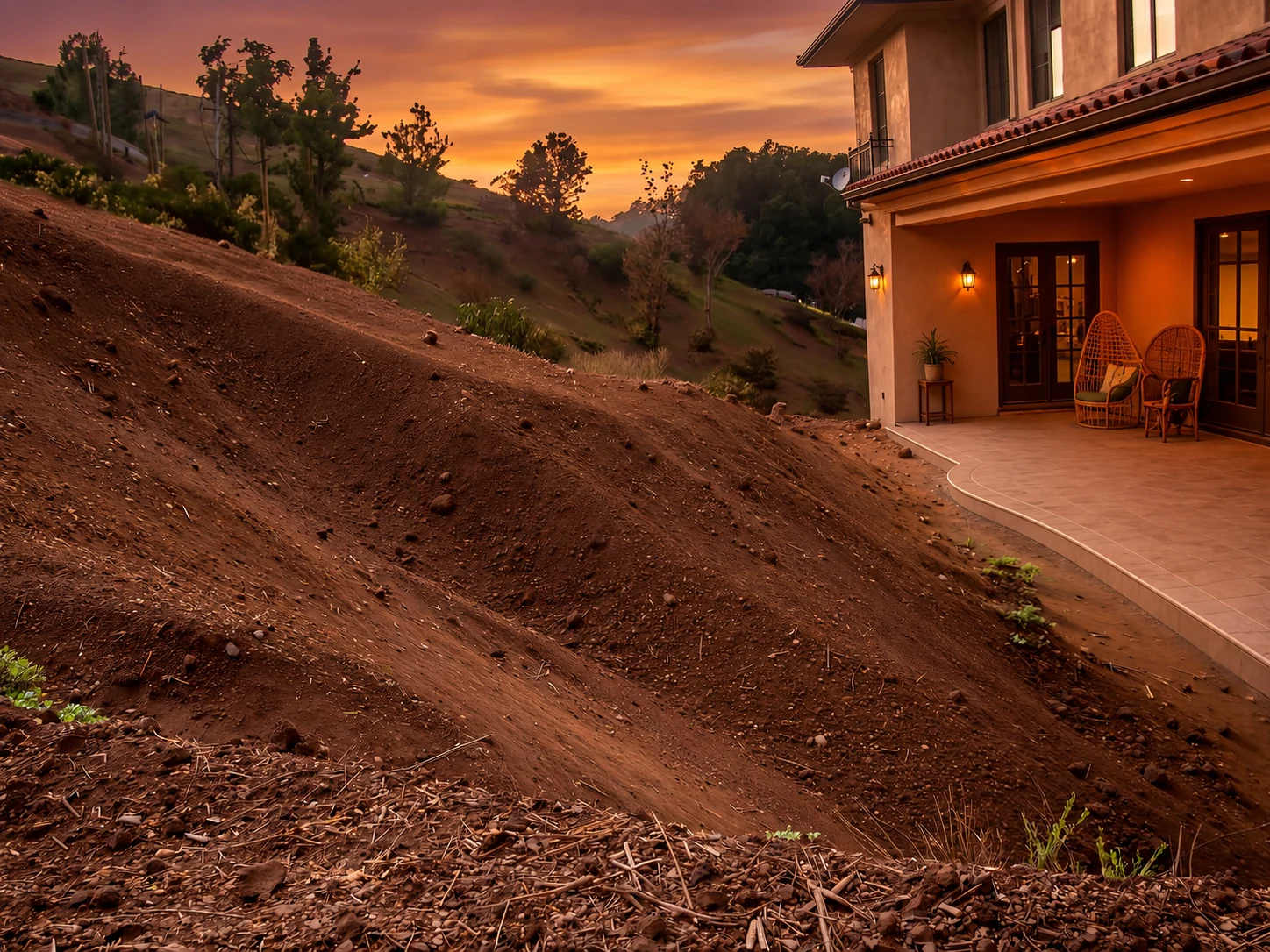 Pendiente pronunciada sin terminar junto a la casa antes de construir el paisaje.